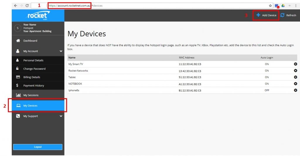 Rocket Net - Apartment WIFI systems - How to add a new device with your MAC Address screen