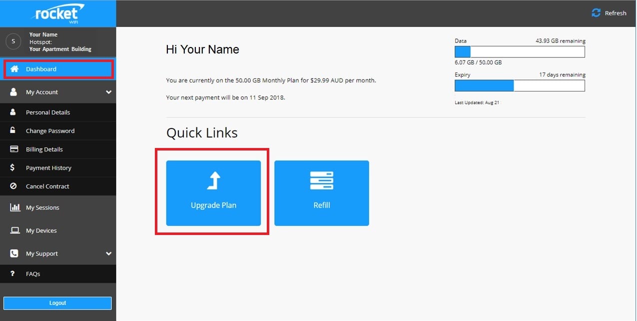 Rocket Net - Apartment WIFI systems - How to change your plan - STEP 2
