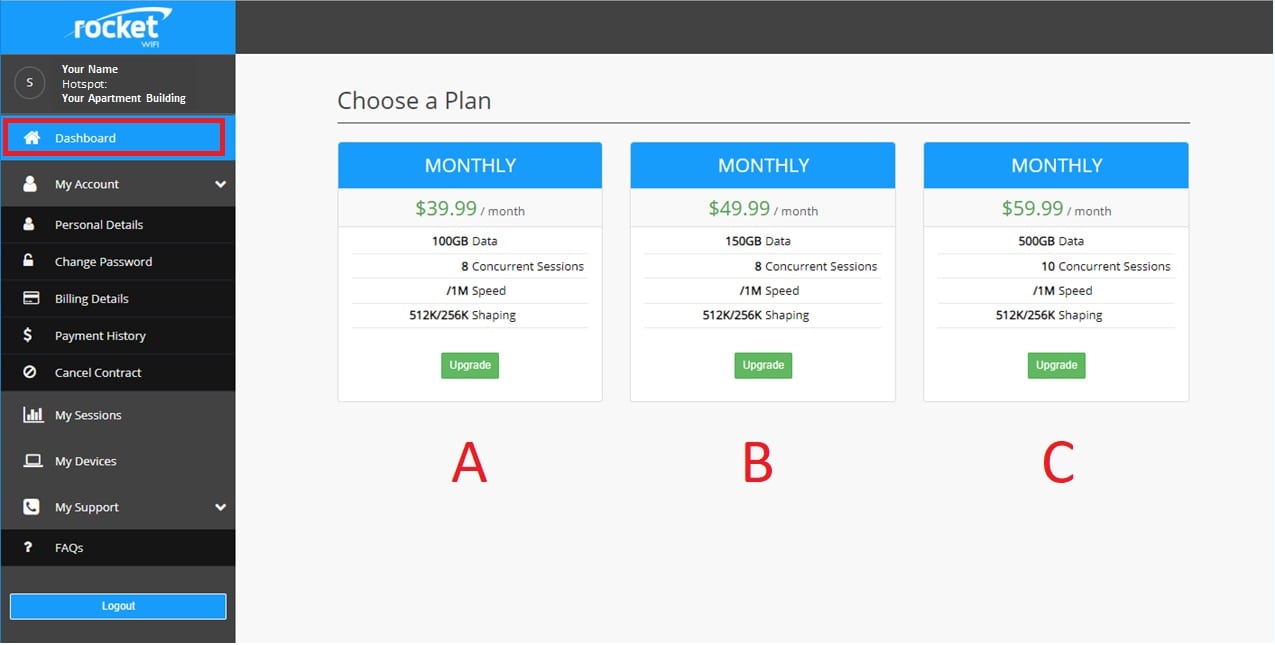 Rocket Net - Apartment WIFI systems - How to change your plan - STEP 3